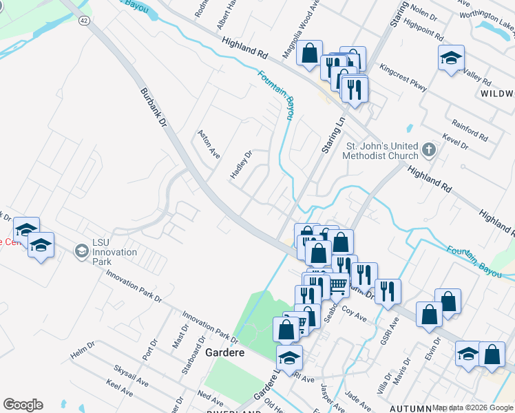 map of restaurants, bars, coffee shops, grocery stores, and more near 7910 Bayou Fountain Avenue in Baton Rouge