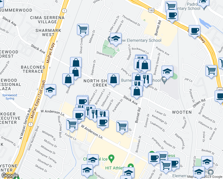 map of restaurants, bars, coffee shops, grocery stores, and more near Steck Ave & Stillwood Ln in Austin