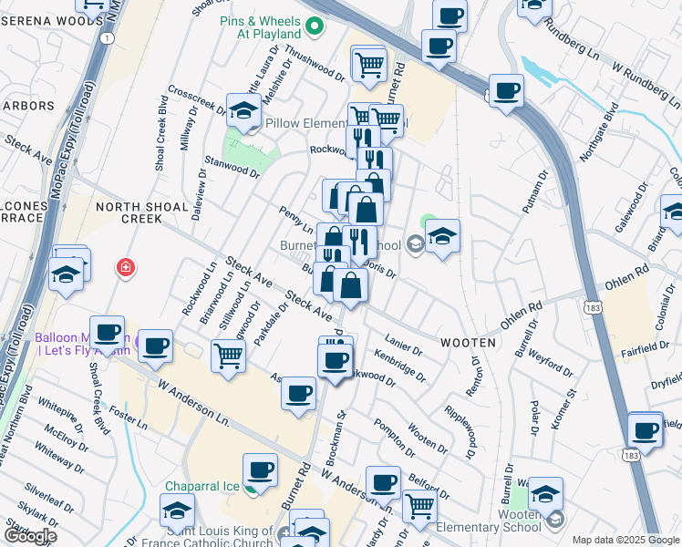 map of restaurants, bars, coffee shops, grocery stores, and more near 8330 Burnet Road in Austin