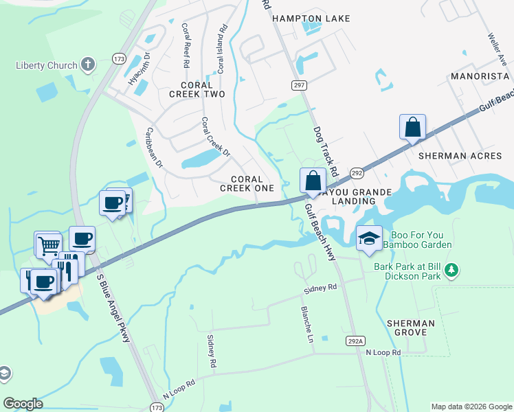 map of restaurants, bars, coffee shops, grocery stores, and more near 9769 Sorrento Road in Pensacola