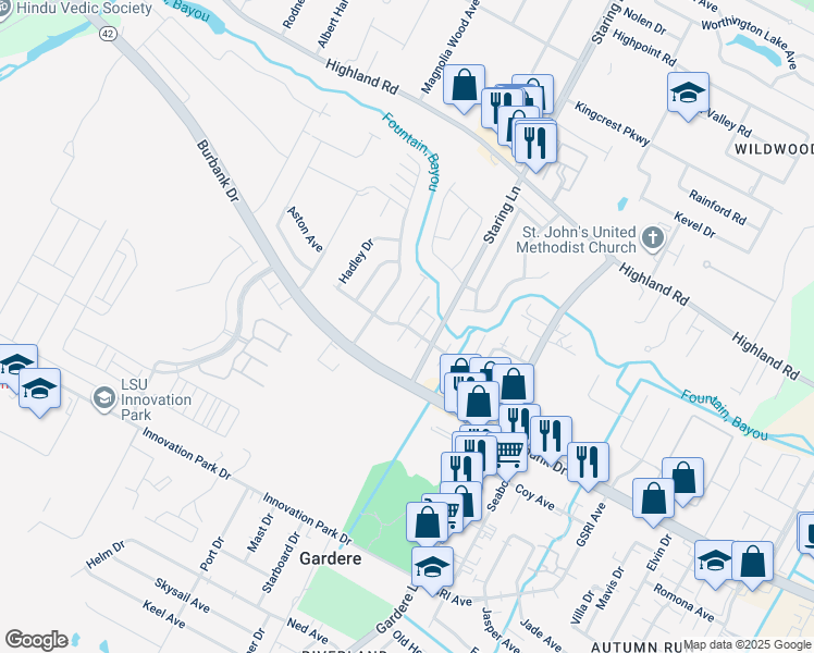 map of restaurants, bars, coffee shops, grocery stores, and more near 8279 Bayou Fountain Avenue in Baton Rouge