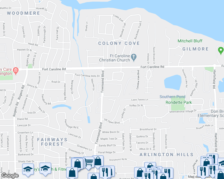map of restaurants, bars, coffee shops, grocery stores, and more near 7348 Colony Cove Lane in Jacksonville