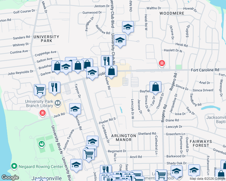 map of restaurants, bars, coffee shops, grocery stores, and more near 3517 Peeler Road in Jacksonville