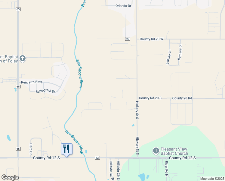 map of restaurants, bars, coffee shops, grocery stores, and more near 9683 South Hickory Street in Foley