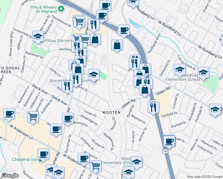 map of restaurants, bars, coffee shops, grocery stores, and more near 8522 Woodstone Drive in Austin