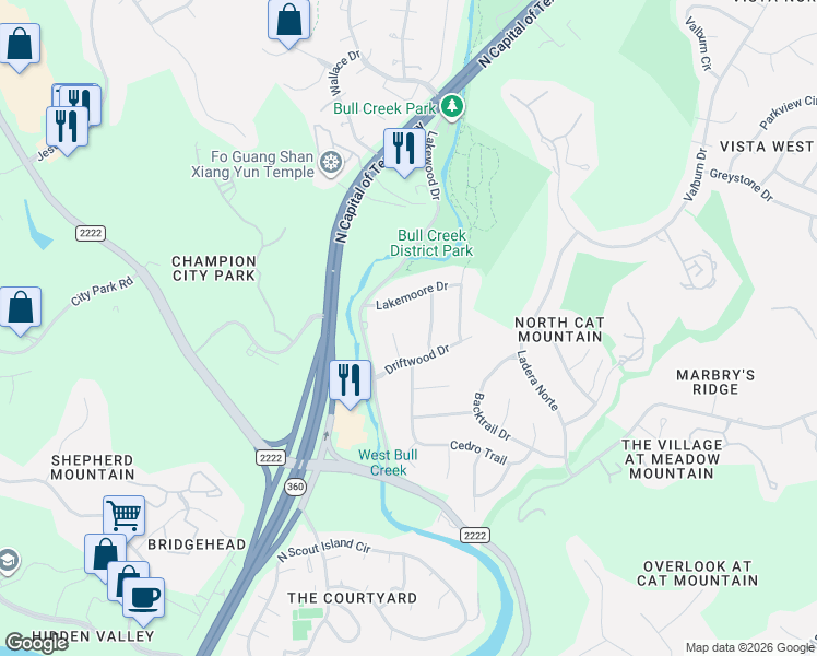 map of restaurants, bars, coffee shops, grocery stores, and more near 5603 Lakemoore Drive in Austin
