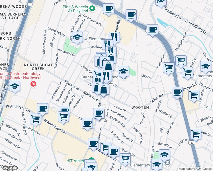 map of restaurants, bars, coffee shops, grocery stores, and more near 8315 Burnet Road in Austin
