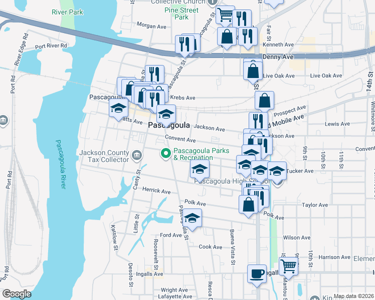 map of restaurants, bars, coffee shops, grocery stores, and more near 901 School Avenue in Pascagoula