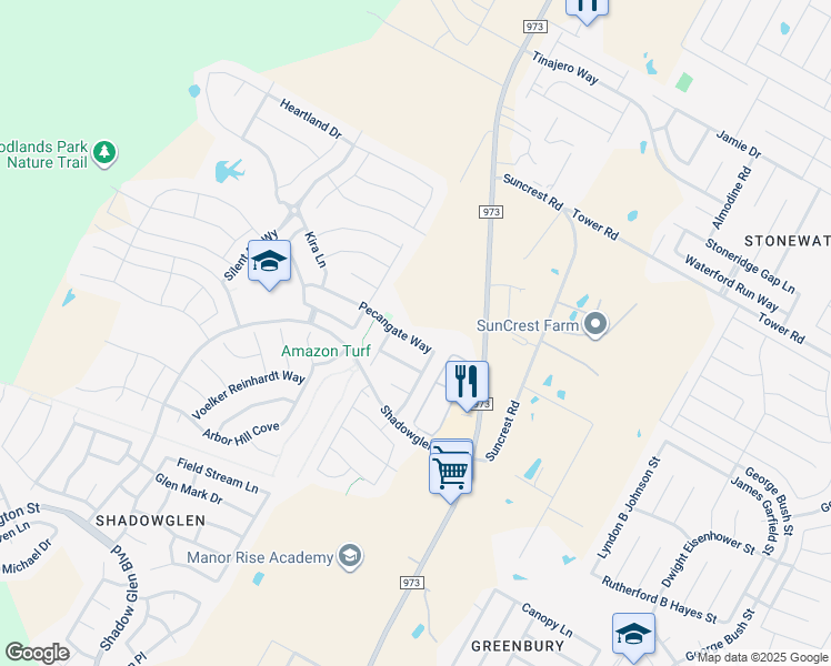 map of restaurants, bars, coffee shops, grocery stores, and more near 12020 Pecangate Way in Manor