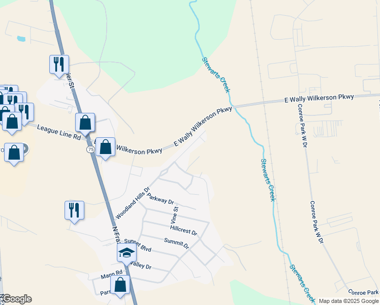 map of restaurants, bars, coffee shops, grocery stores, and more near 40B Woodland Hills Drive in Conroe