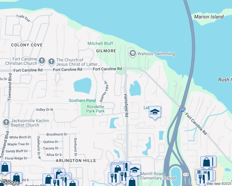 map of restaurants, bars, coffee shops, grocery stores, and more near 3706 Hartsfield Forest Circle in Jacksonville