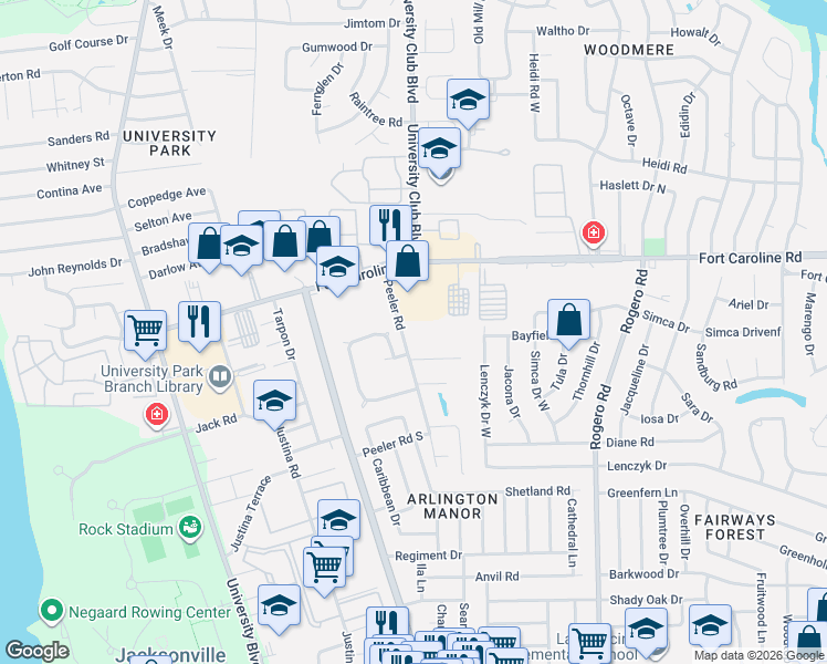 map of restaurants, bars, coffee shops, grocery stores, and more near 3517 Peeler Road in Jacksonville