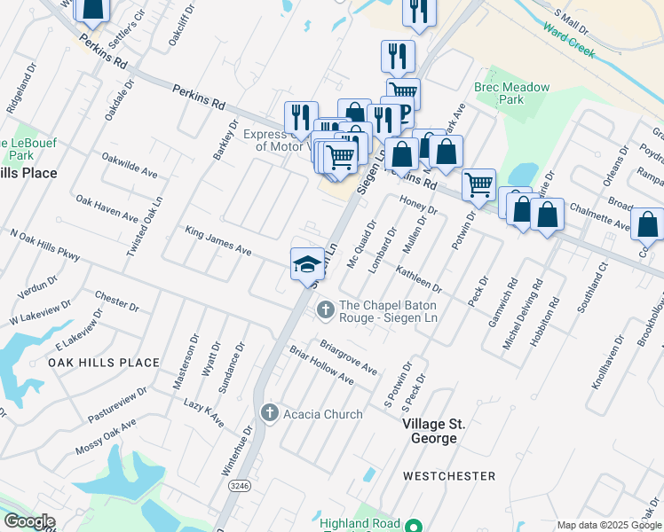map of restaurants, bars, coffee shops, grocery stores, and more near 9351 Siegen Lane in Baton Rouge