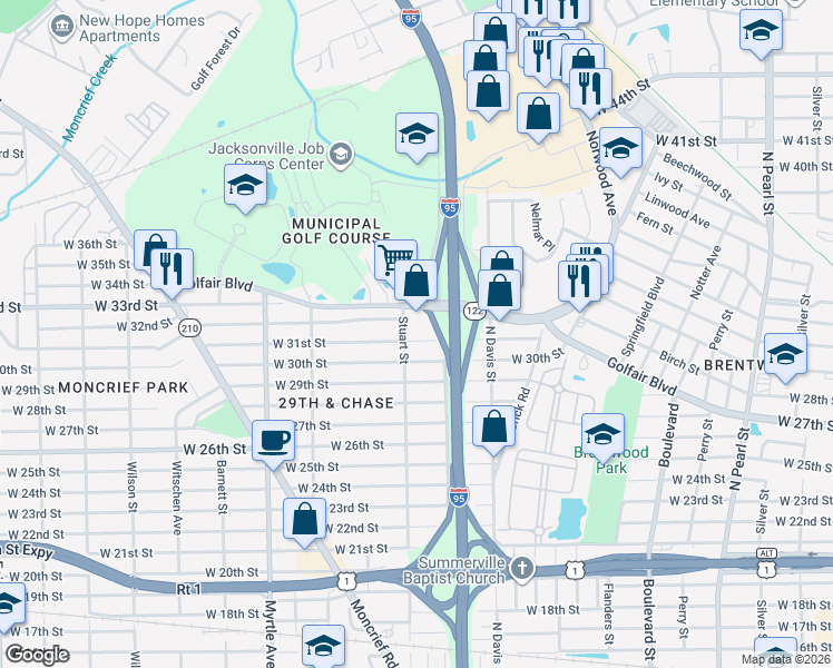 map of restaurants, bars, coffee shops, grocery stores, and more near 1040 Golfair Boulevard in Jacksonville