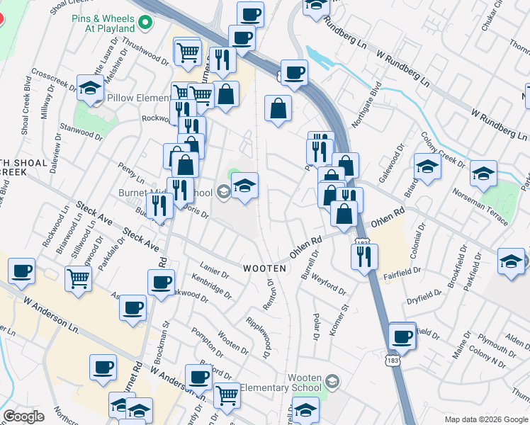 map of restaurants, bars, coffee shops, grocery stores, and more near 8516 Woodstone Drive in Austin