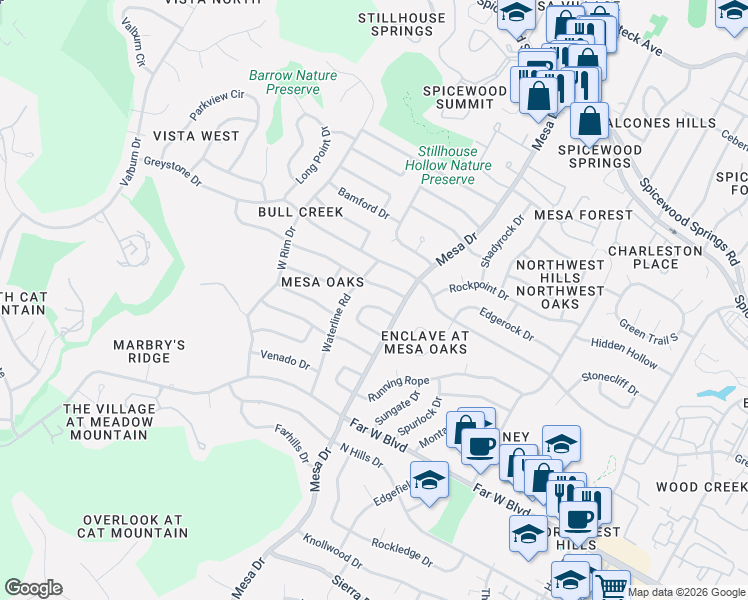 map of restaurants, bars, coffee shops, grocery stores, and more near 4121 Honeycomb Rock Circle in Austin