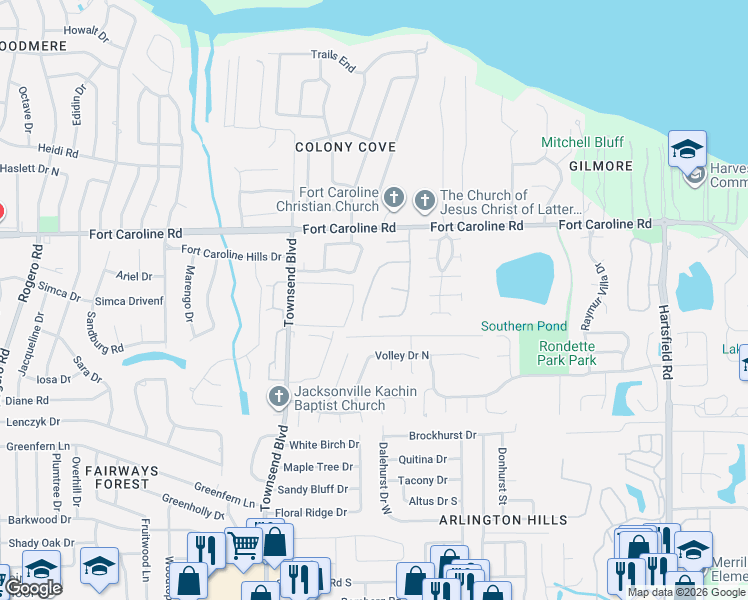 map of restaurants, bars, coffee shops, grocery stores, and more near 7605 Hovering Mist Way in Jacksonville