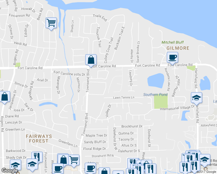 map of restaurants, bars, coffee shops, grocery stores, and more near 3528 Rain Forest Drive West in Jacksonville