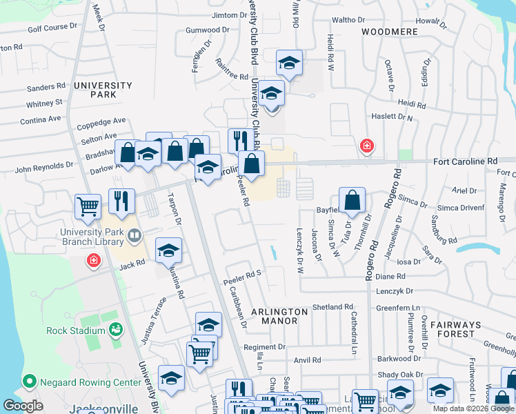 map of restaurants, bars, coffee shops, grocery stores, and more near 3517 Peeler Road in Jacksonville