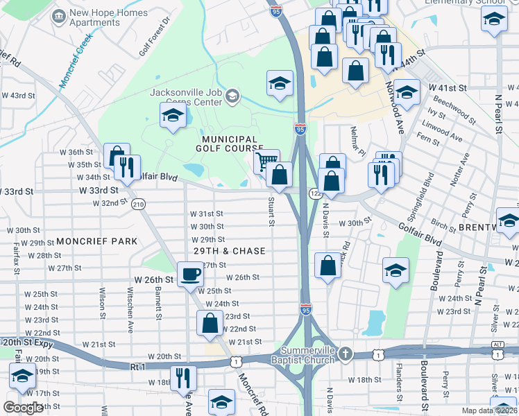 map of restaurants, bars, coffee shops, grocery stores, and more near 1134 West 32nd Street in Jacksonville