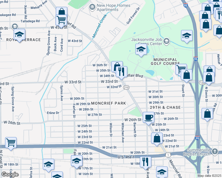 map of restaurants, bars, coffee shops, grocery stores, and more near 1527 West 32nd Street in Jacksonville