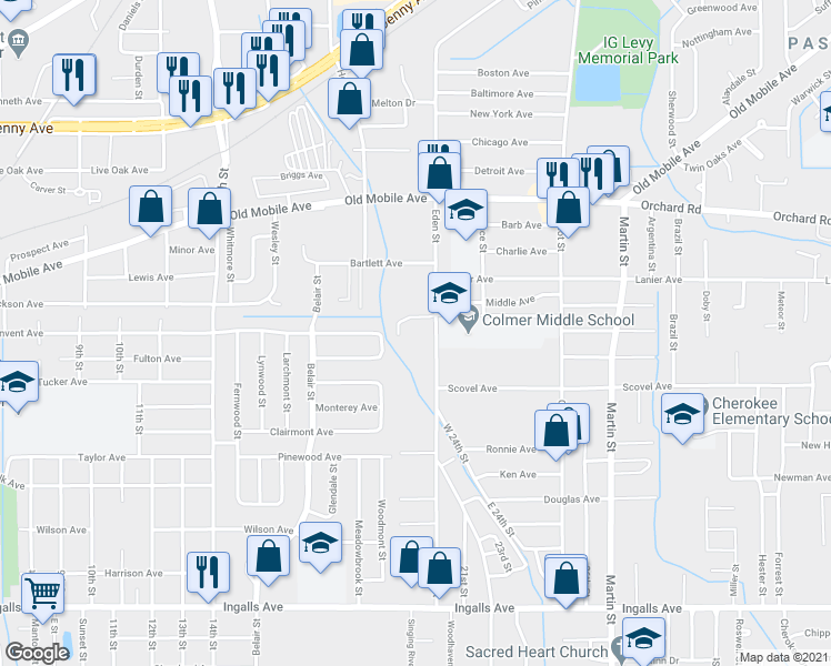 map of restaurants, bars, coffee shops, grocery stores, and more near 11 Eden Street in Pascagoula