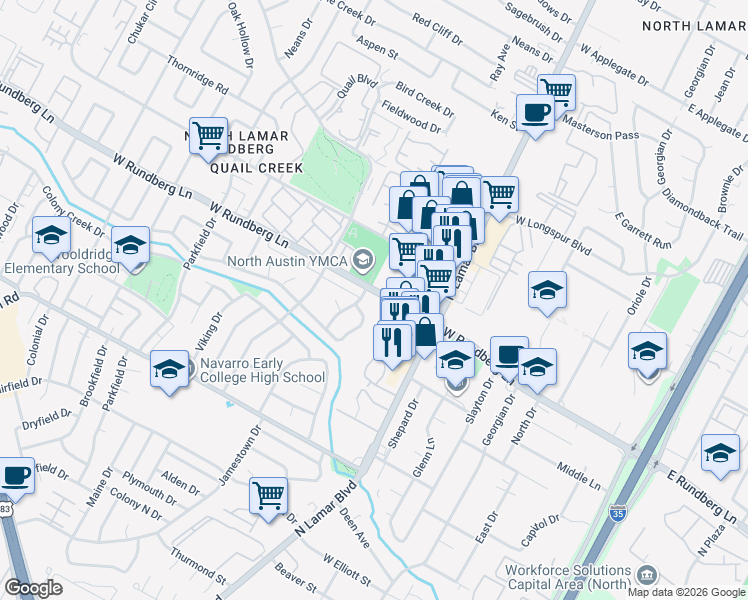 map of restaurants, bars, coffee shops, grocery stores, and more near 9305 Quail Field Drive in Austin