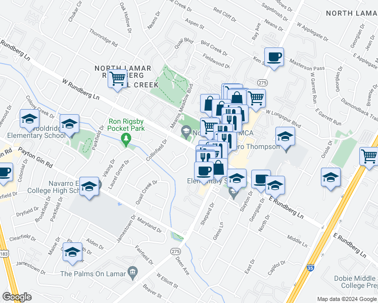 map of restaurants, bars, coffee shops, grocery stores, and more near 9305 Quail Field Drive in Austin