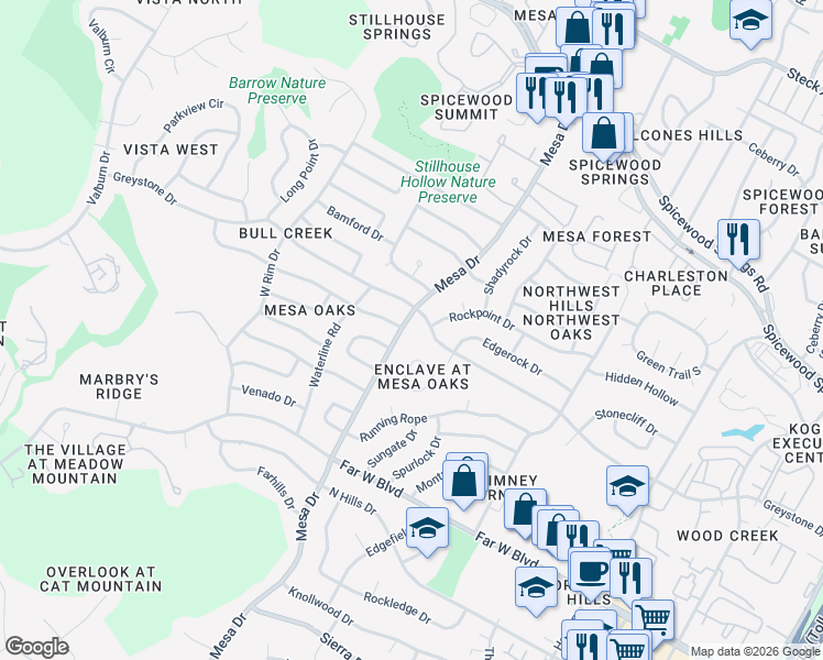 map of restaurants, bars, coffee shops, grocery stores, and more near 7400 Mesa Drive in Austin