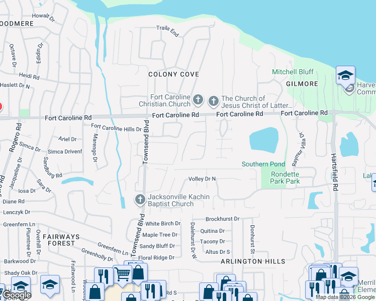 map of restaurants, bars, coffee shops, grocery stores, and more near 7605 Hovering Mist Way in Jacksonville