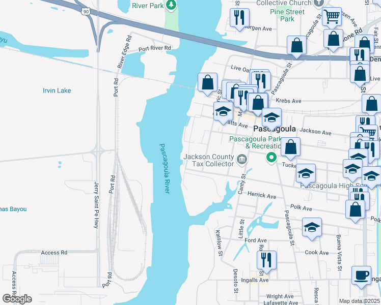map of restaurants, bars, coffee shops, grocery stores, and more near 3002 Front Street in Pascagoula
