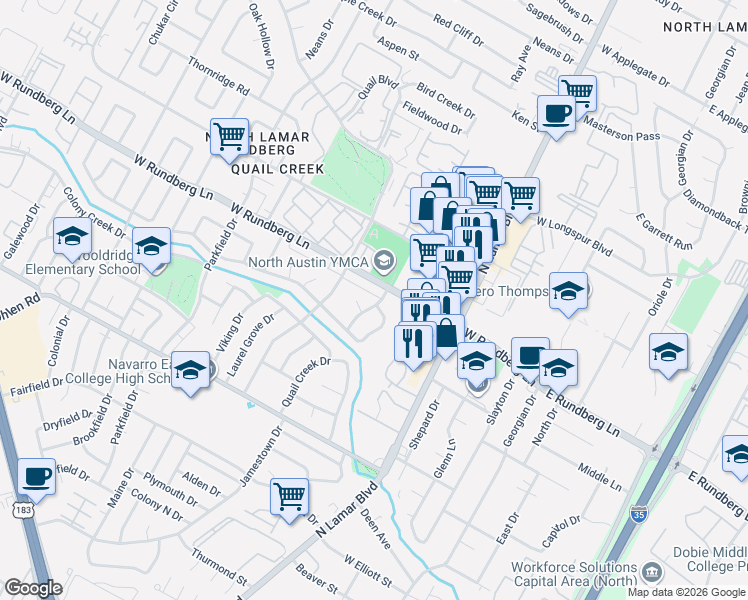 map of restaurants, bars, coffee shops, grocery stores, and more near 9210 Quail Field Drive in Austin