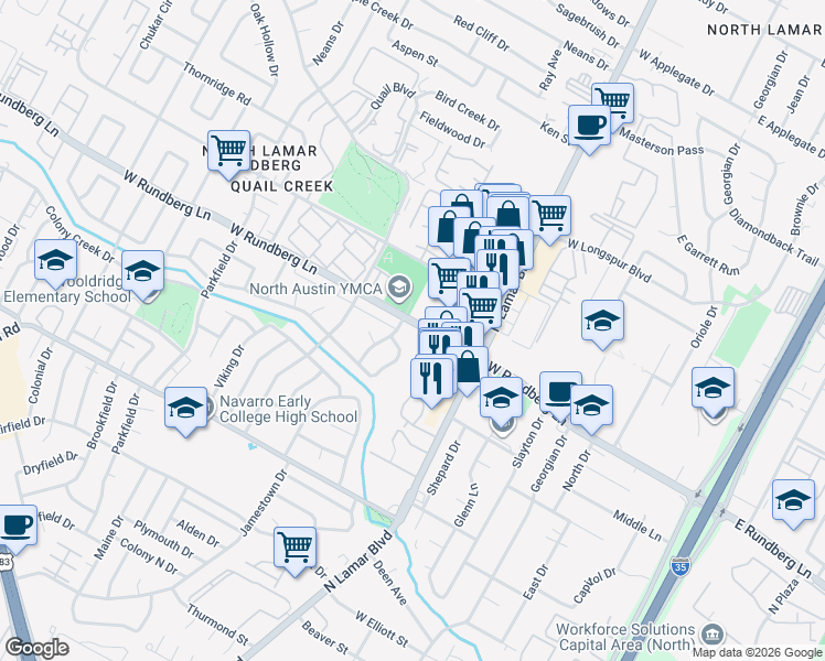 map of restaurants, bars, coffee shops, grocery stores, and more near 9305 Quail Field Drive in Austin