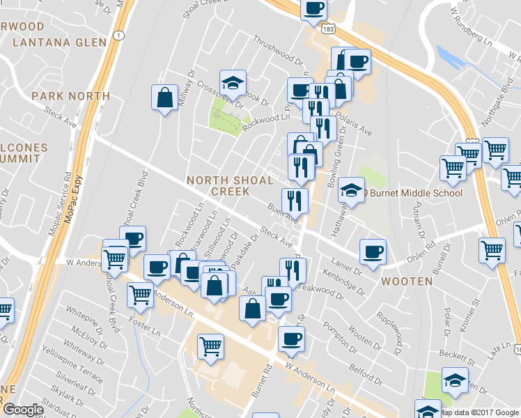 map of restaurants, bars, coffee shops, grocery stores, and more near 2613 Buell Avenue in Austin