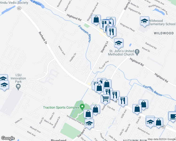 map of restaurants, bars, coffee shops, grocery stores, and more near 8091 Bayou Fountain Avenue in Baton Rouge