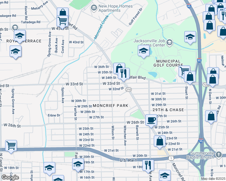 map of restaurants, bars, coffee shops, grocery stores, and more near 1527 West 32nd Street in Jacksonville