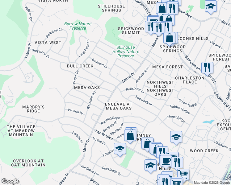 map of restaurants, bars, coffee shops, grocery stores, and more near 7400 Mesa Drive in Austin