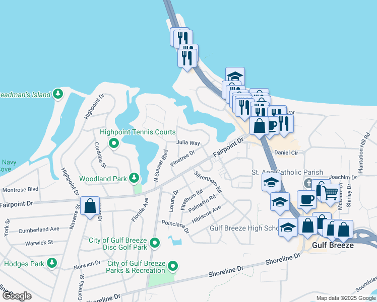 map of restaurants, bars, coffee shops, grocery stores, and more near 109 Pinetree Drive in Gulf Breeze