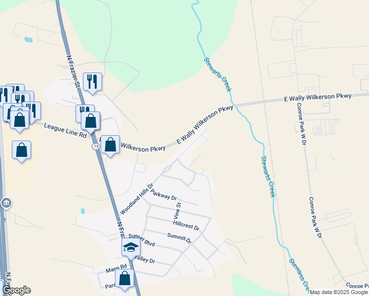 map of restaurants, bars, coffee shops, grocery stores, and more near 45B Woodland Hills Drive in Conroe