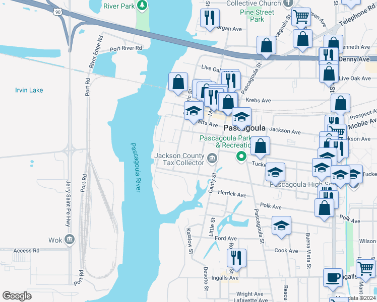 map of restaurants, bars, coffee shops, grocery stores, and more near 3003 Jonte Street in Pascagoula