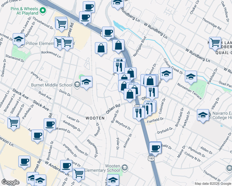 map of restaurants, bars, coffee shops, grocery stores, and more near 8603 Putnam Drive in Austin