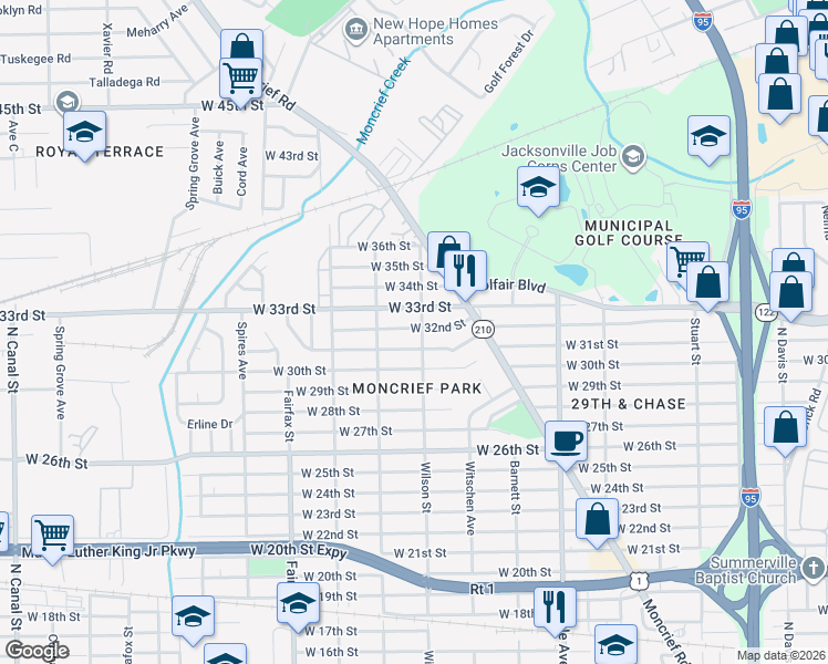 map of restaurants, bars, coffee shops, grocery stores, and more near 1527 West 32nd Street in Jacksonville