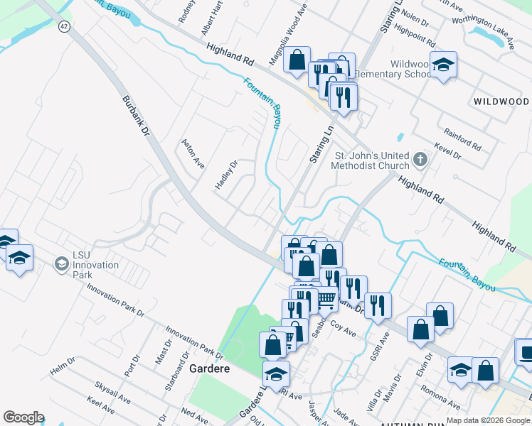 map of restaurants, bars, coffee shops, grocery stores, and more near 7951 Bayou Fountain Avenue in Baton Rouge
