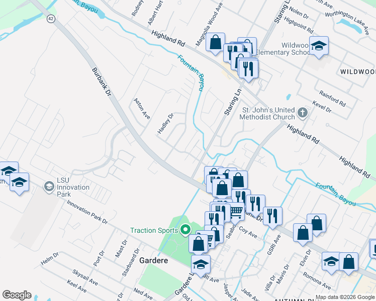 map of restaurants, bars, coffee shops, grocery stores, and more near 748 Fountain View Drive in Baton Rouge