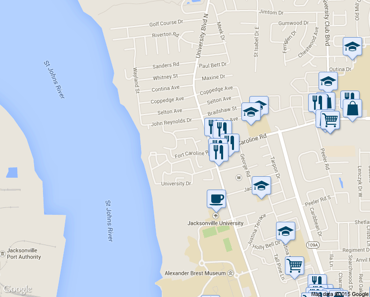 map of restaurants, bars, coffee shops, grocery stores, and more near 3631 Heathwood Court in Jacksonville