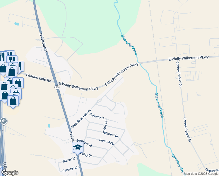 map of restaurants, bars, coffee shops, grocery stores, and more near 45 Woodland Hills Drive in Conroe