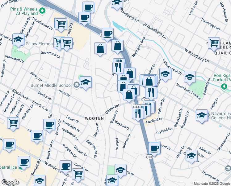 map of restaurants, bars, coffee shops, grocery stores, and more near 8603 Putnam Drive in Austin