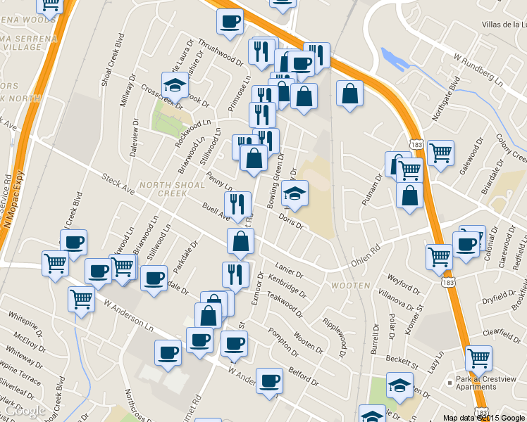 map of restaurants, bars, coffee shops, grocery stores, and more near 2300a Doris Drive in Austin