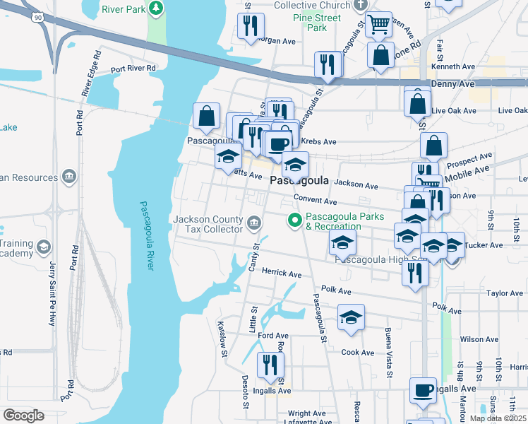 map of restaurants, bars, coffee shops, grocery stores, and more near 3001 Canty Street in Pascagoula