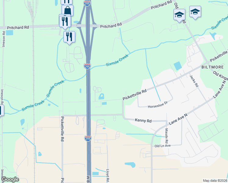 map of restaurants, bars, coffee shops, grocery stores, and more near 6453 Robinson Road in Jacksonville
